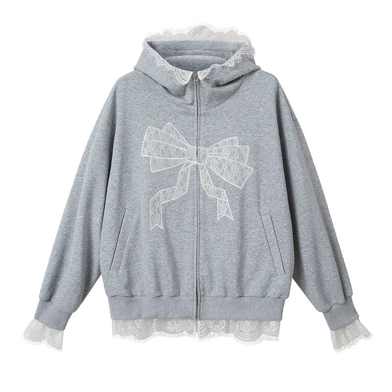 Diddi Moda Bow Print Hoodie - Gray Zip-up Sweatshirt With Lace Trim and Graphic Design