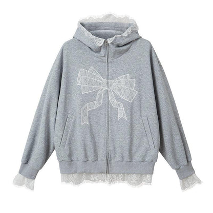 Diddi Moda Bow Print Hoodie - Gray Zip-up Sweatshirt With Lace Trim and Graphic Design