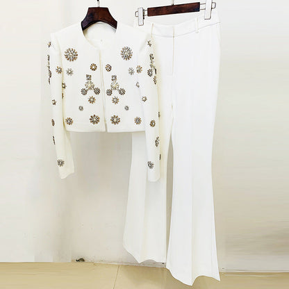 Round Neck Heavy Industry Beads Short Jacket Split Flared Pants Blazer Suit Set