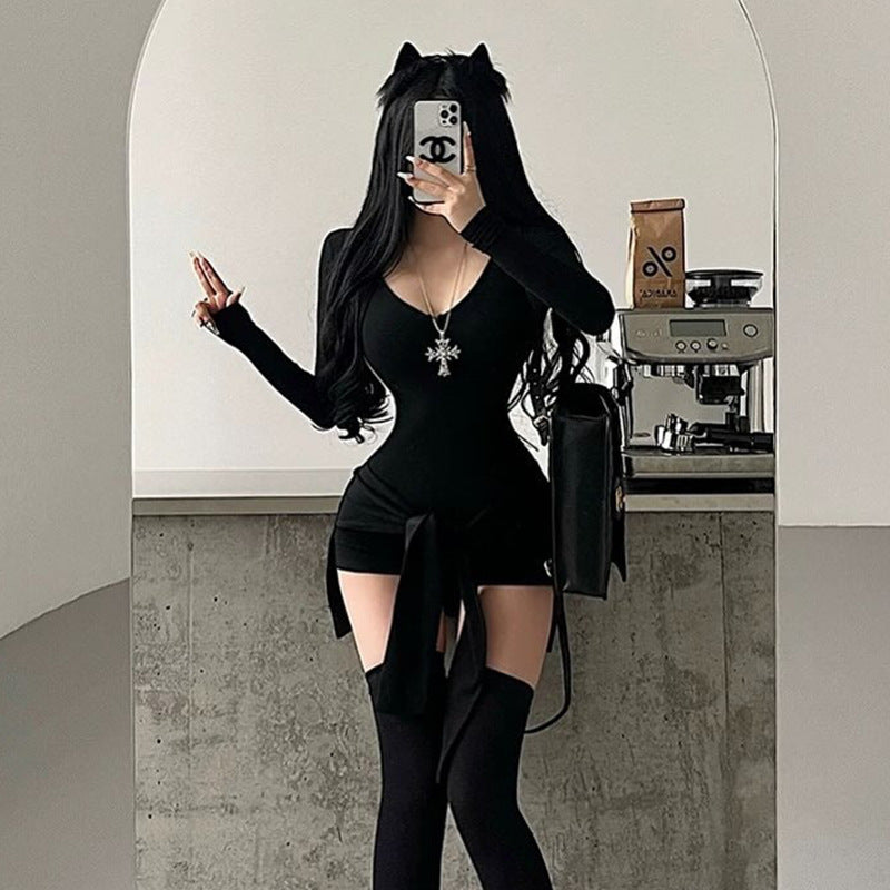 Round Neck Long Sleeve Slim Fit Lace Up Waist Tight Color Jumpsuit