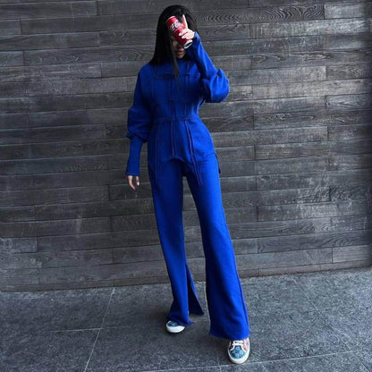Color Hoodie Sets Round Neck Pullover Top Split Straight Pants Two Piece Sets
