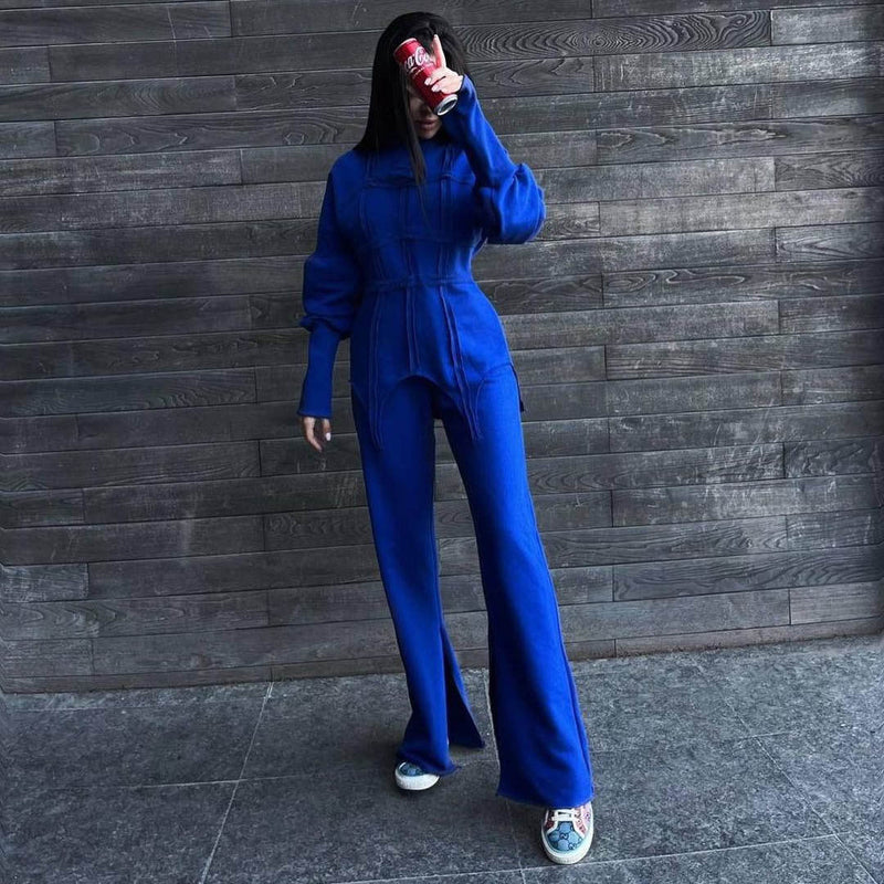 Color Hoodie Sets Round Neck Pullover Top Split Straight Pants Two Piece Sets
