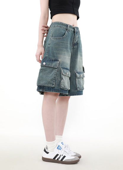 Denim Cargo Shorts With Multiple Utility Pockets
