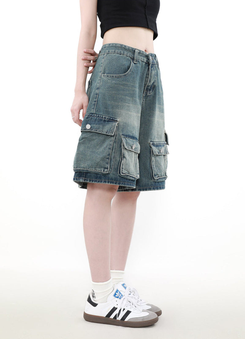 Denim Cargo Shorts With Multiple Utility Pockets