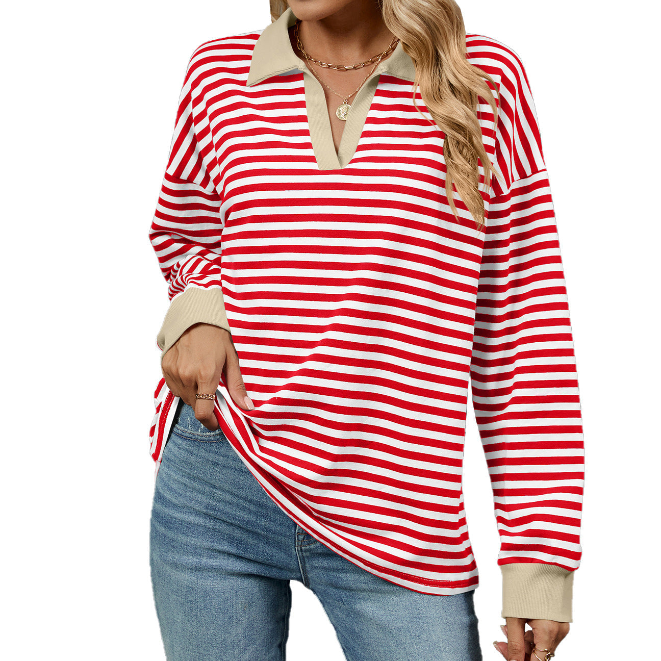 Autumn Winter Contrast Color Lapels Loose Long Sleeve Striped Sweater for