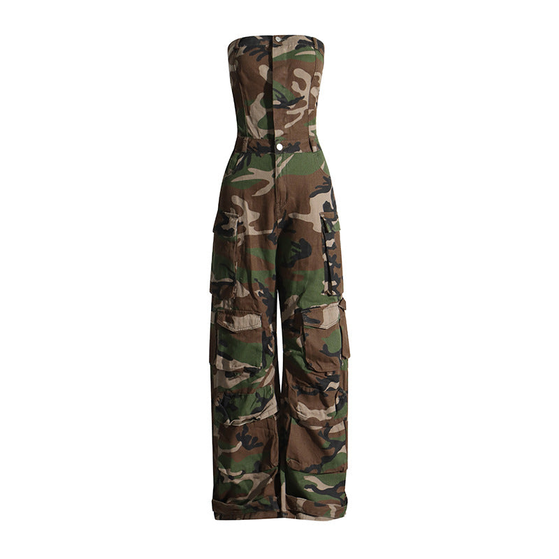 Personalized Fashionable Camouflage Pattern Jumpsuit Bandeau Slim Fit Slimming Work Clothes Pants