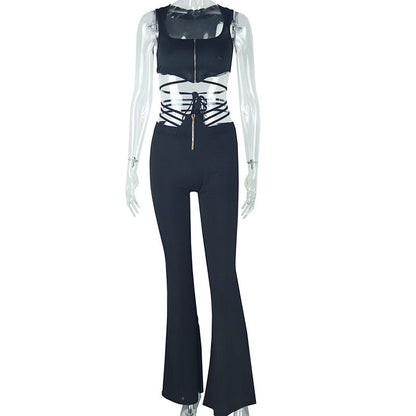 Black Sleeveless Top High Waist Bandage Tight Sport Pants Set