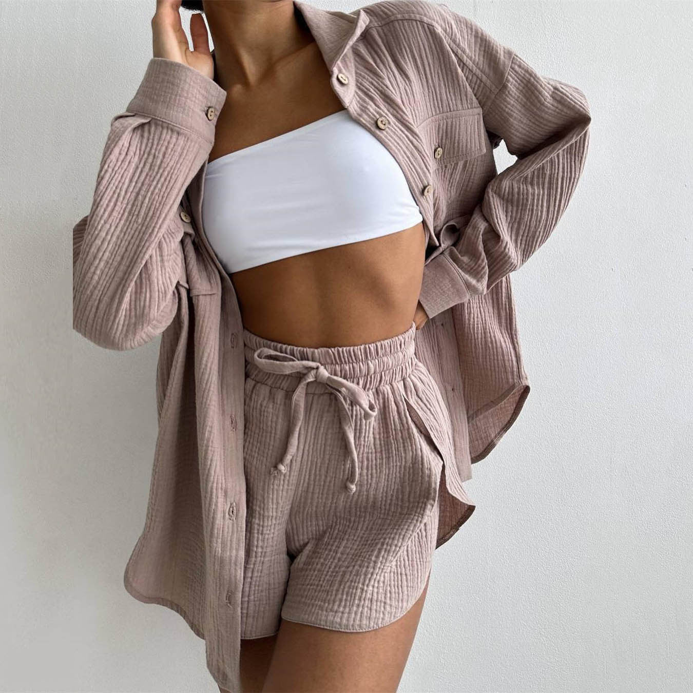 Clothing Spring Collared Loose Shirt High Waist Shorts Two Piece Set Set