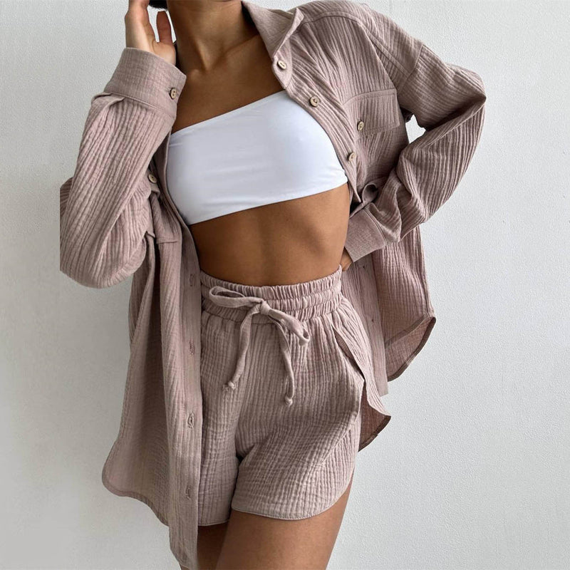 Clothing Spring Collared Loose Shirt High Waist Shorts Two Piece Set Set