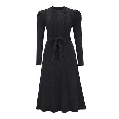 Autumn Winter Bubble Long Sleeve Knitted Dress Mid-length Slimming High Waist Big Swing Dress Base Sweater Dress