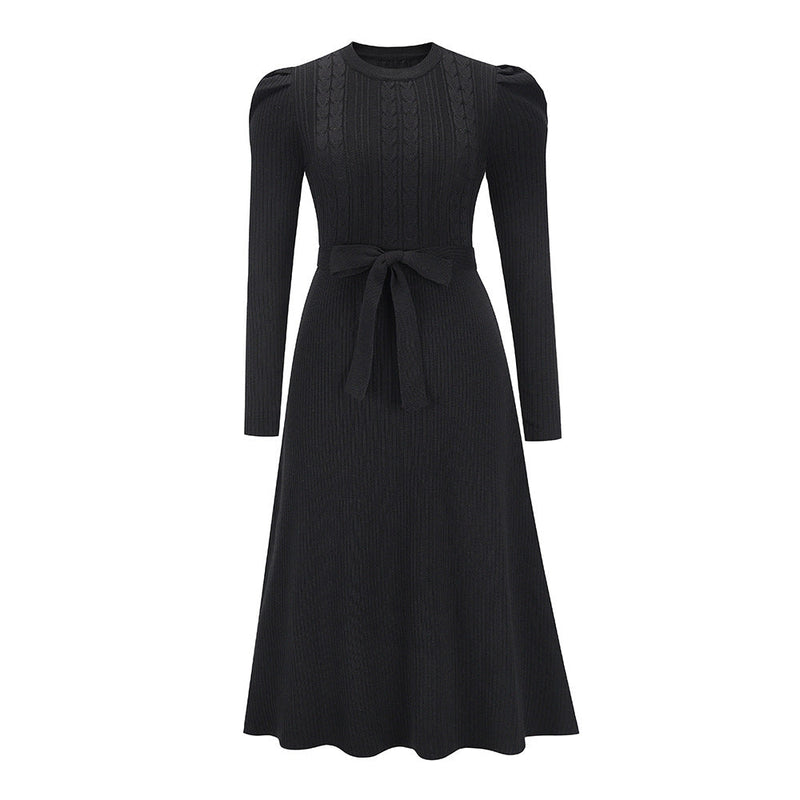Autumn Winter Bubble Long Sleeve Knitted Dress Mid-length Slimming High Waist Big Swing Dress Base Sweater Dress