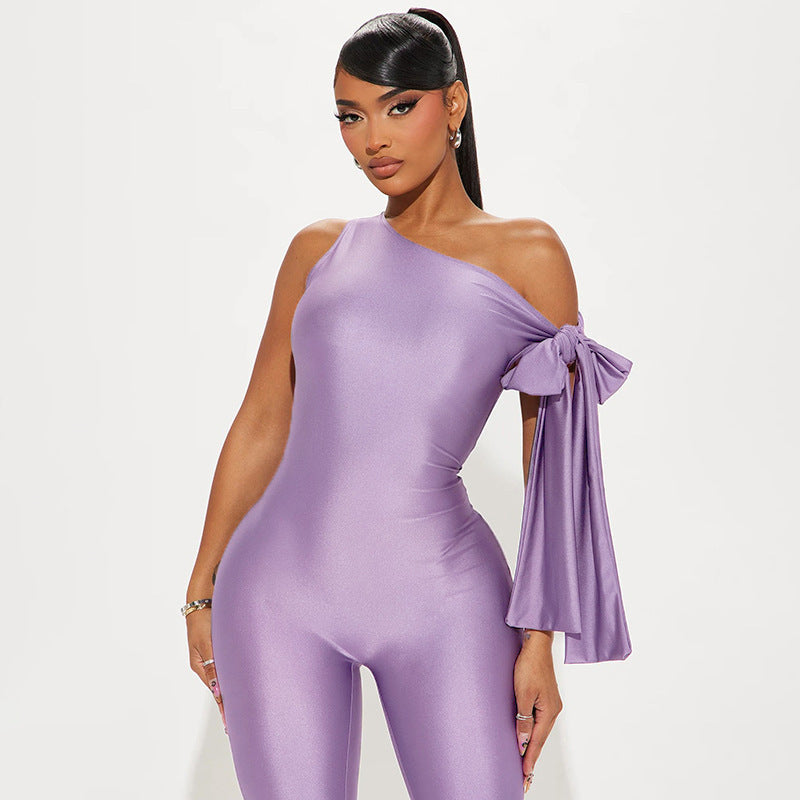 Clothing Summer One Shoulder Twisted Asymmetric Tight Jumpsuit