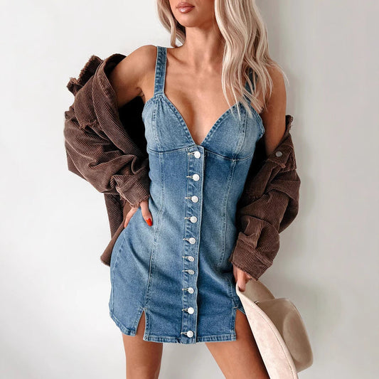 Clothing Summer Sweet Spicy Cardigan Strap Retro Denim Dress