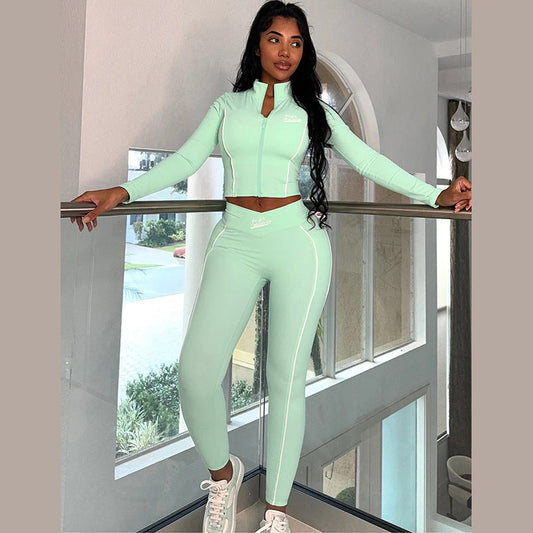 Autumn Winter Cropped Long Sleeve Top Slim Hip Pants Set