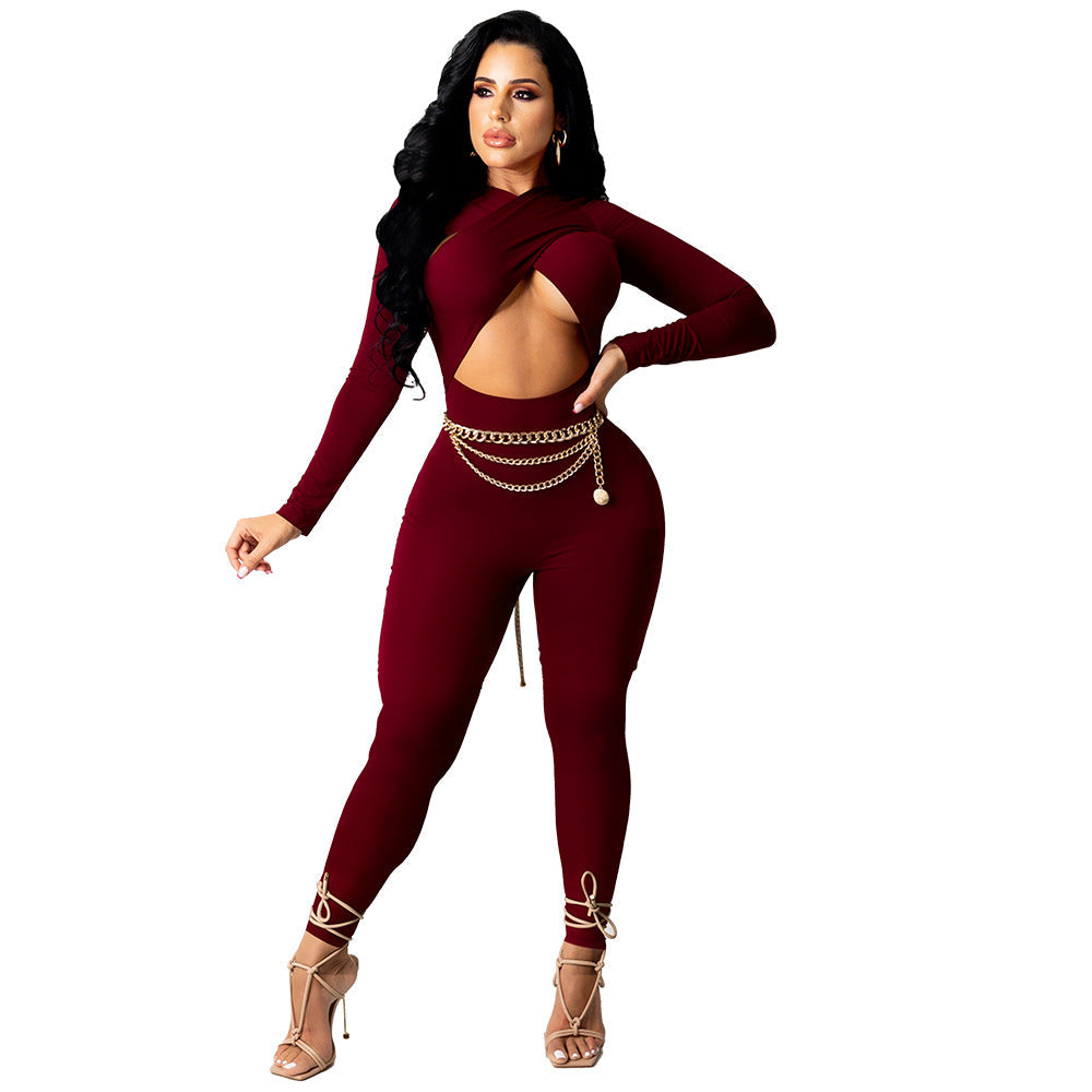 Autumn Winter Crossover Lace Up Color Jumpsuit