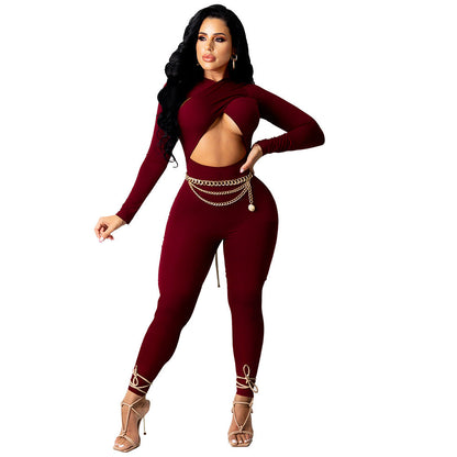 Autumn Winter Crossover Lace Up Color Jumpsuit