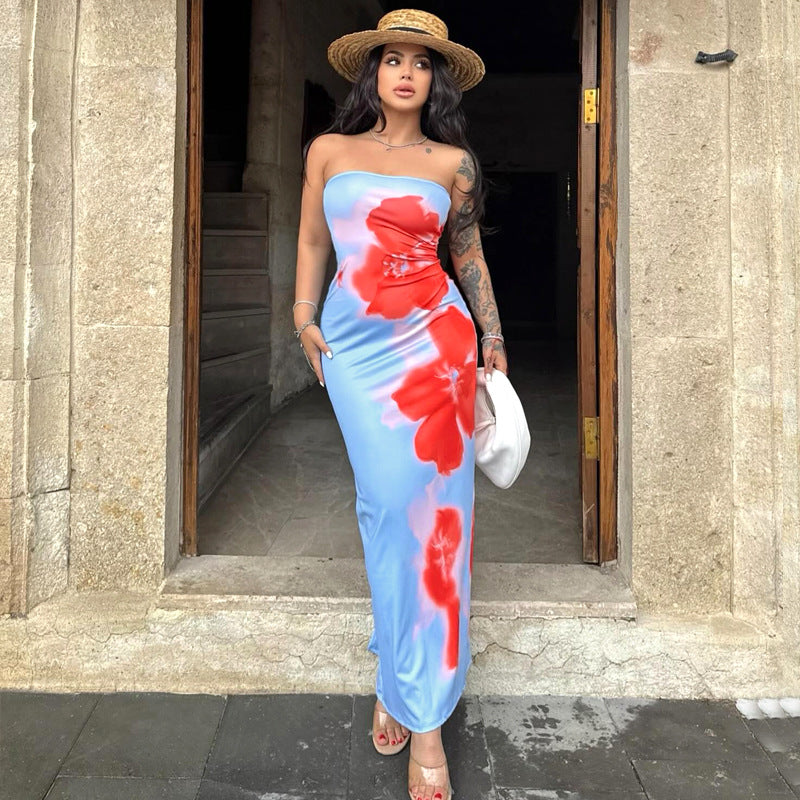 Clothing Summer Tube Top Print Slim Fit High Waist Slit Maxi Dress
