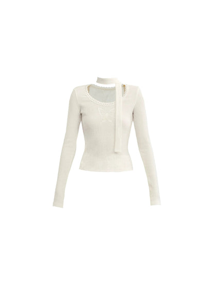 Ethereal Ivory Ensemble: Asymmetric Ruffled Midi Skirt & Choker-neck Fitted Sweater Set