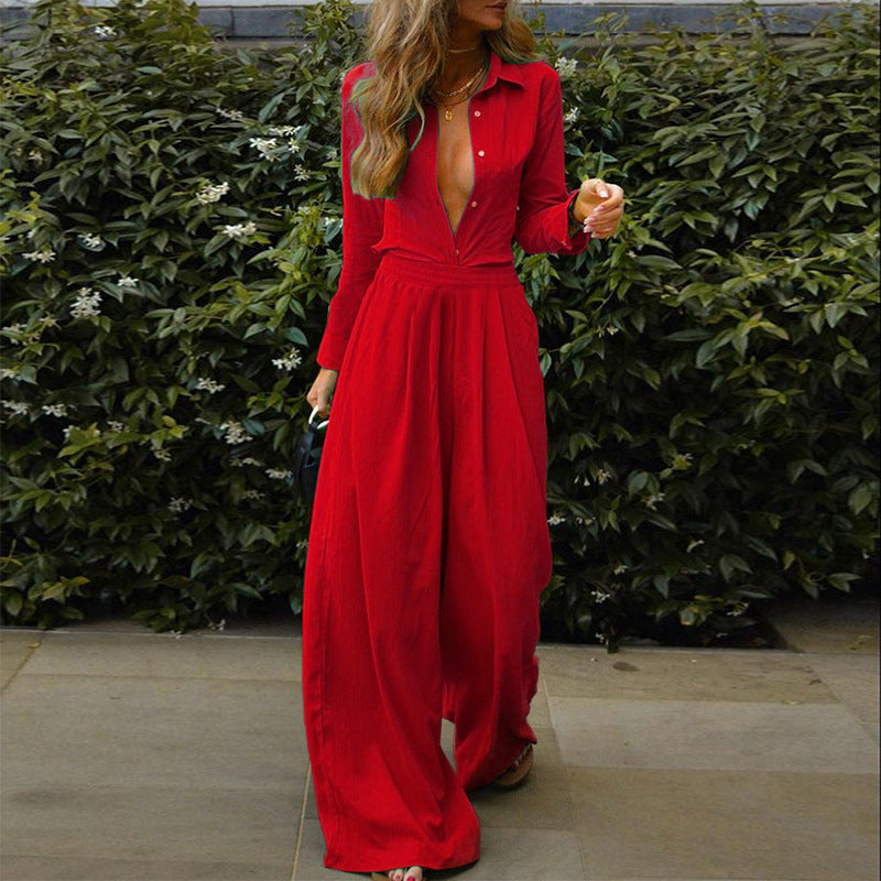 Clothing Color Cardigan Shirt Loose-fitting Wide-leg Trousers Two-piece Set