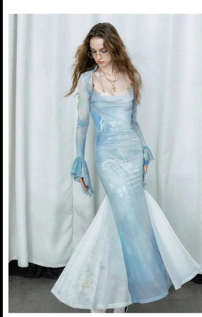 Sky Blue Watercolor Mermaid Maxi Dress Set