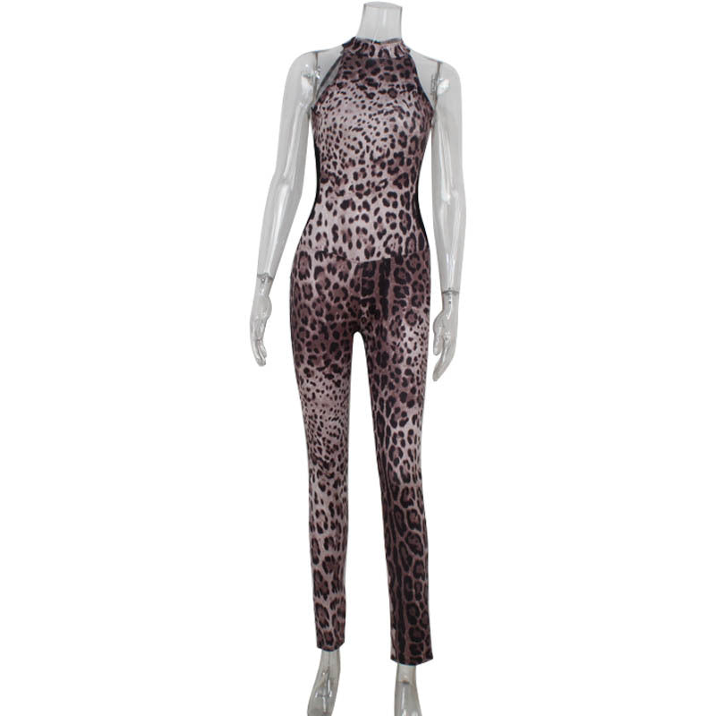 Sleeveless Halter Leopard Print Printed Mesh Stitching Jumpsuit Tight High Elastic Trousers
