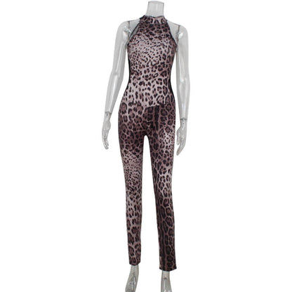 Sleeveless Halter Leopard Print Printed Mesh Stitching Jumpsuit Tight High Elastic Trousers
