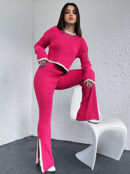 Autumn Winter Knitting Trousers Set Round Neck Long Sleeve Short Sweater Color Contrast Patchwork Slit Knitted Two Piece Set for