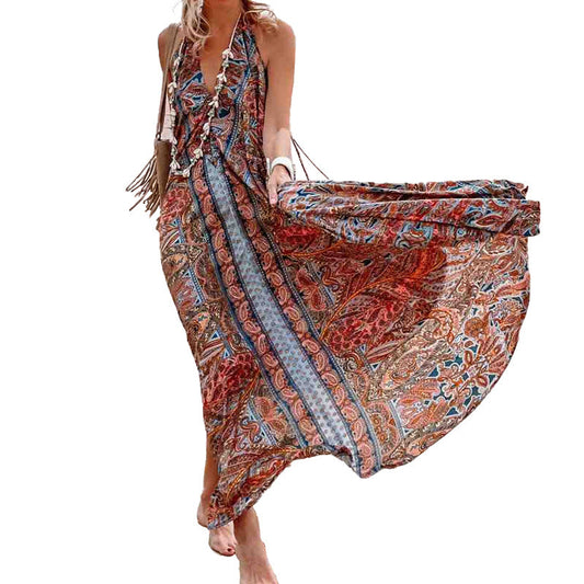 Clothing Spring Summer Arrival Printing V-neck Halter Maxi Dress