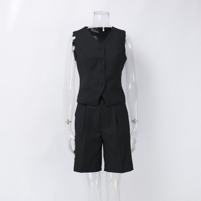 Vest Jacket Spring Summer V Neck Single Breasted Vest Straight Shorts Set