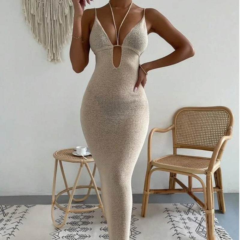 Clothes Cutout Lace Up Halter Spaghetti Straps Stitching Dress Maxi Dress