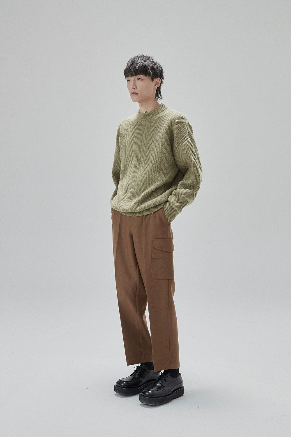 Cream Cable Knit Sweater With Chevron Pattern