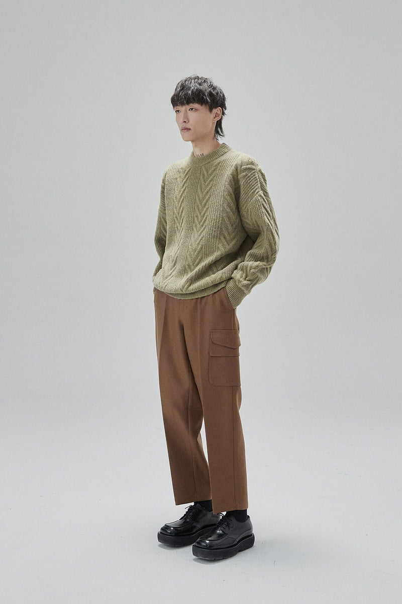Cream Cable Knit Sweater With Chevron Pattern
