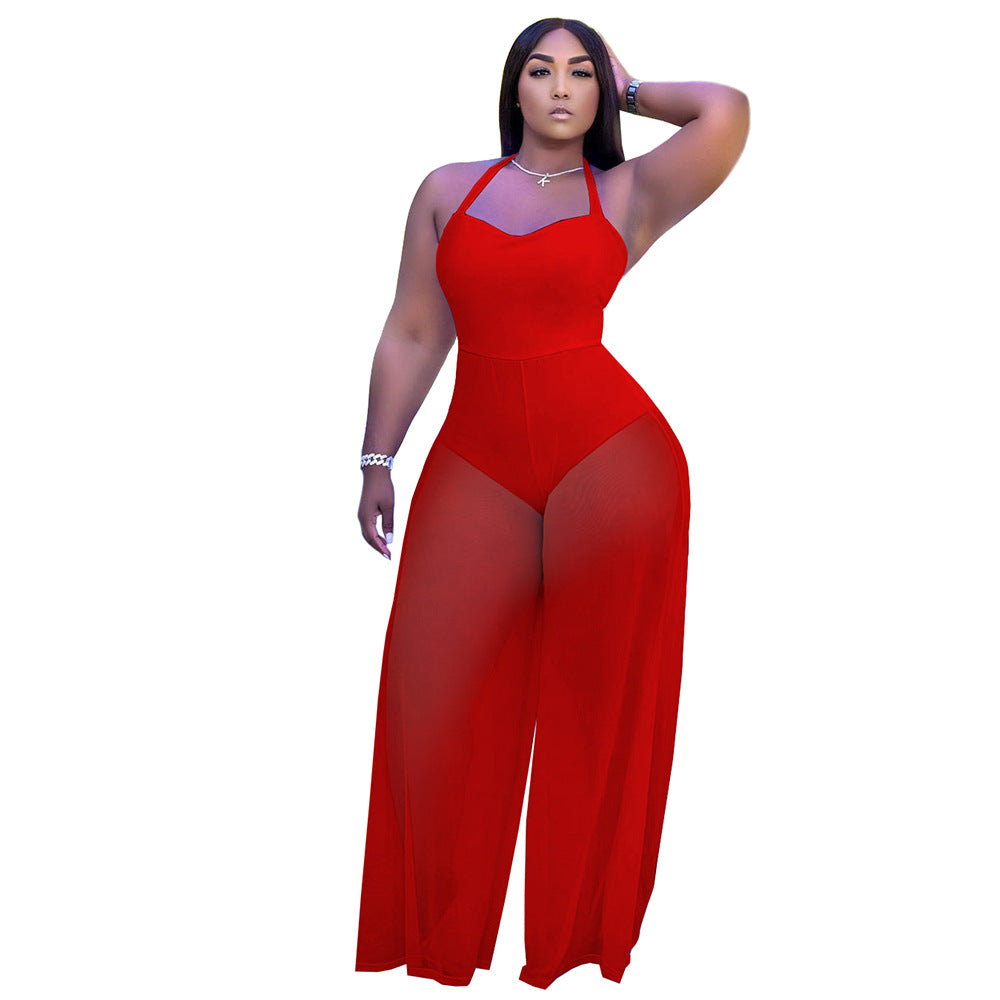 Clothing Color Double Sided Fabric Stitching Strap Halter Jumpsuit Woman Loose