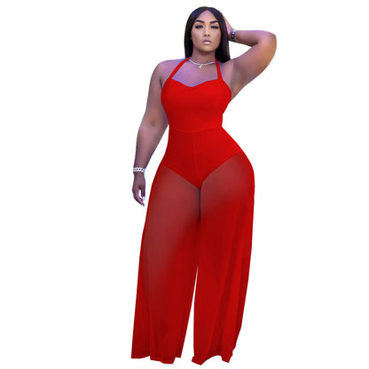 Clothing Color Double Sided Fabric Stitching Strap Halter Jumpsuit Woman Loose
