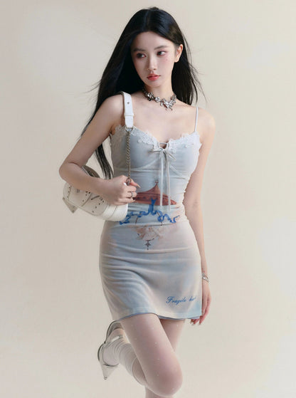 Whimsical Beach Print Spaghetti Strap Mini Dress With Lace Trim