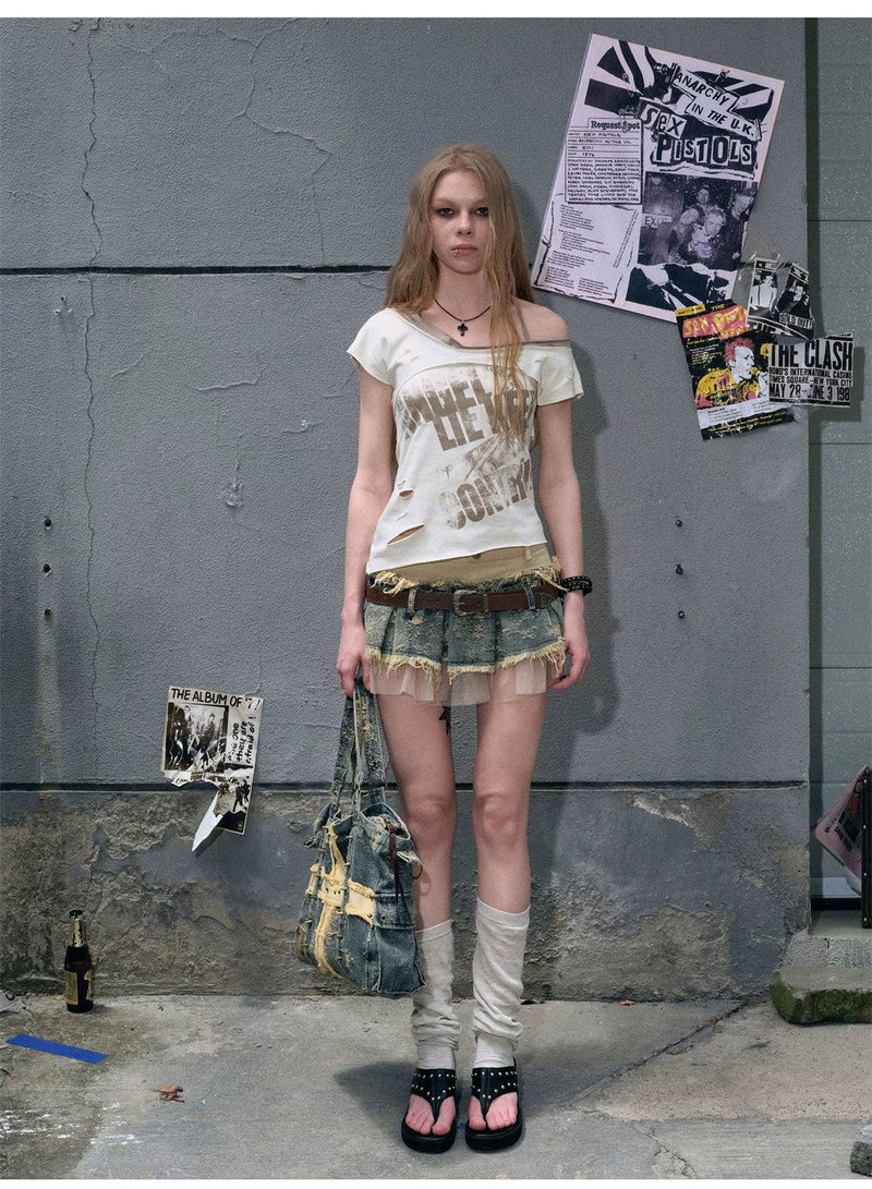 Cest Nous Layered Denim Mini Skirt - Distressed Patchwork Skirt With Belt
