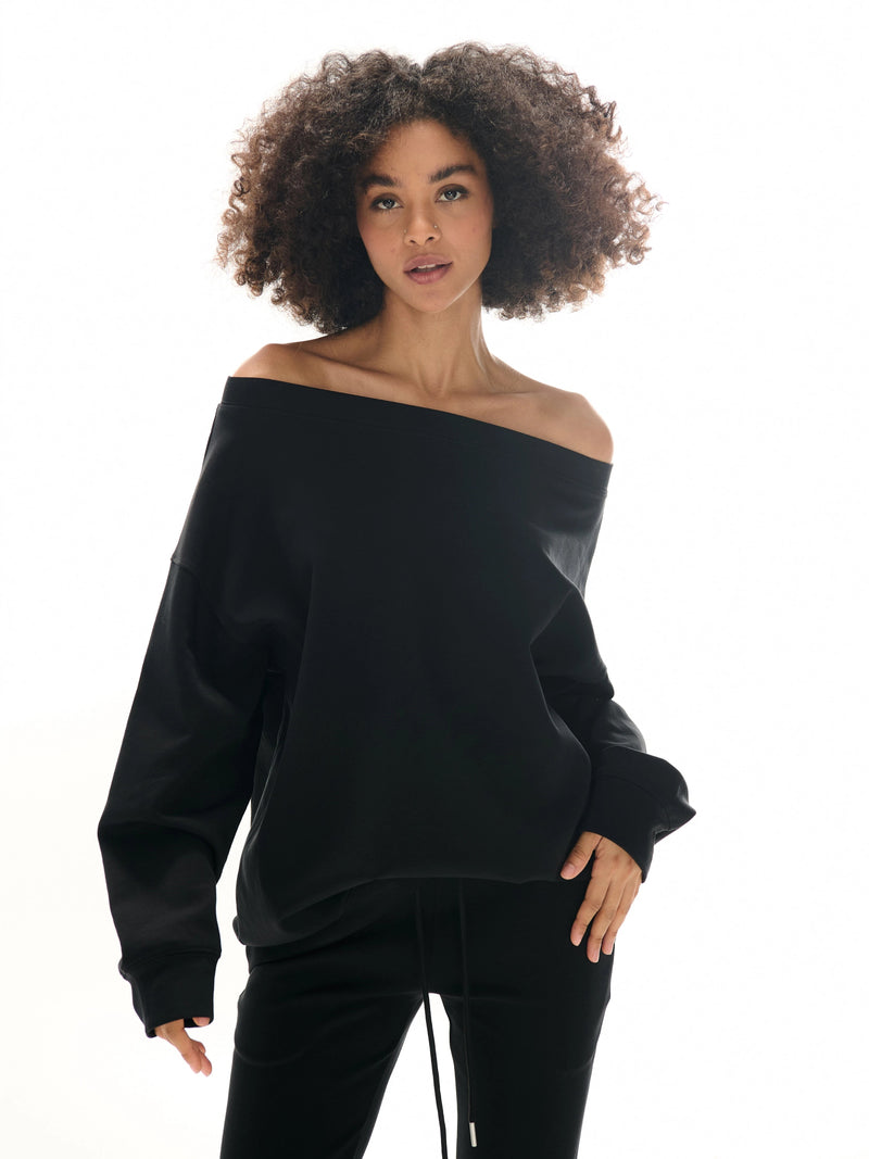 Off-the-shoulder Sweatshirt and Slight Flare Pants Set