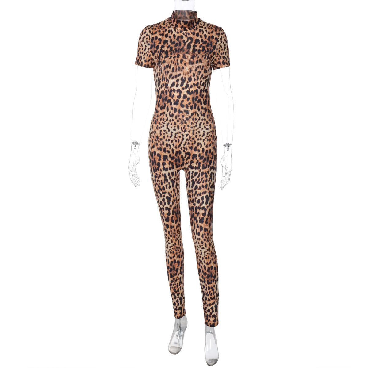 Clothing Summer Leopard Print Short Sleeve Backless Slim Fit Jumpsuit