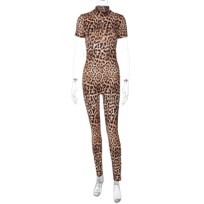 Clothing Summer Leopard Print Short Sleeve Backless Slim Fit Jumpsuit