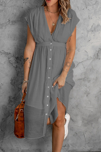 Summer Double Layer Tulle Color Dress Deep V Plunge Short Sleeve Waist Controlled Maxi Dress