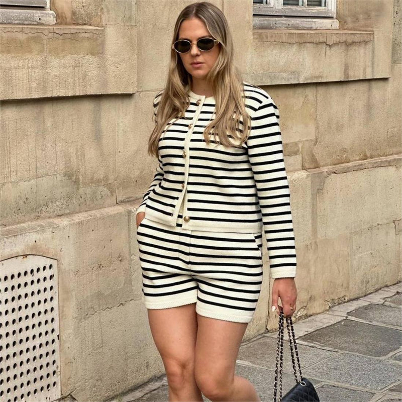 Clothing Striped Round Neck Knitted Cardigan Sweater