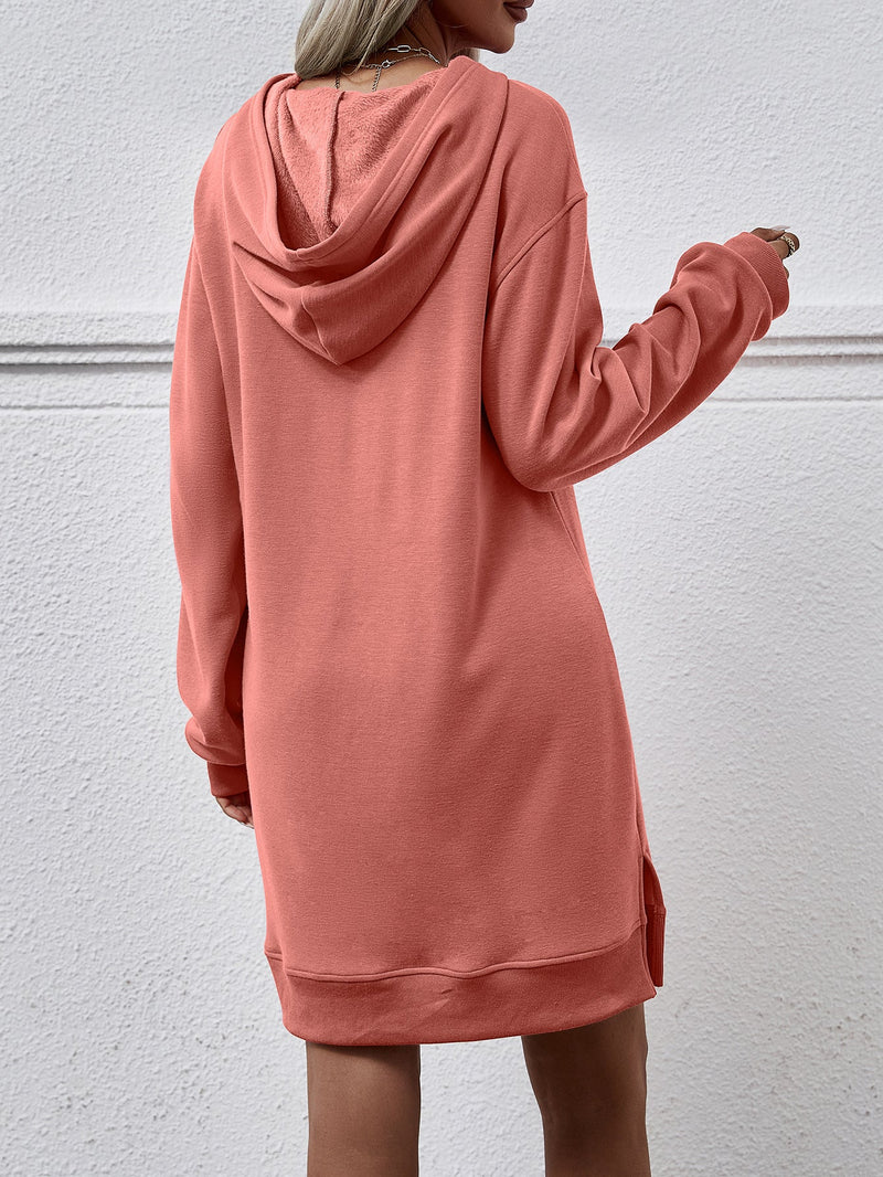 Autumn Winter Clothing Hooded Long Sleeve Kangaroo Pocket Split Long Sweater Dress