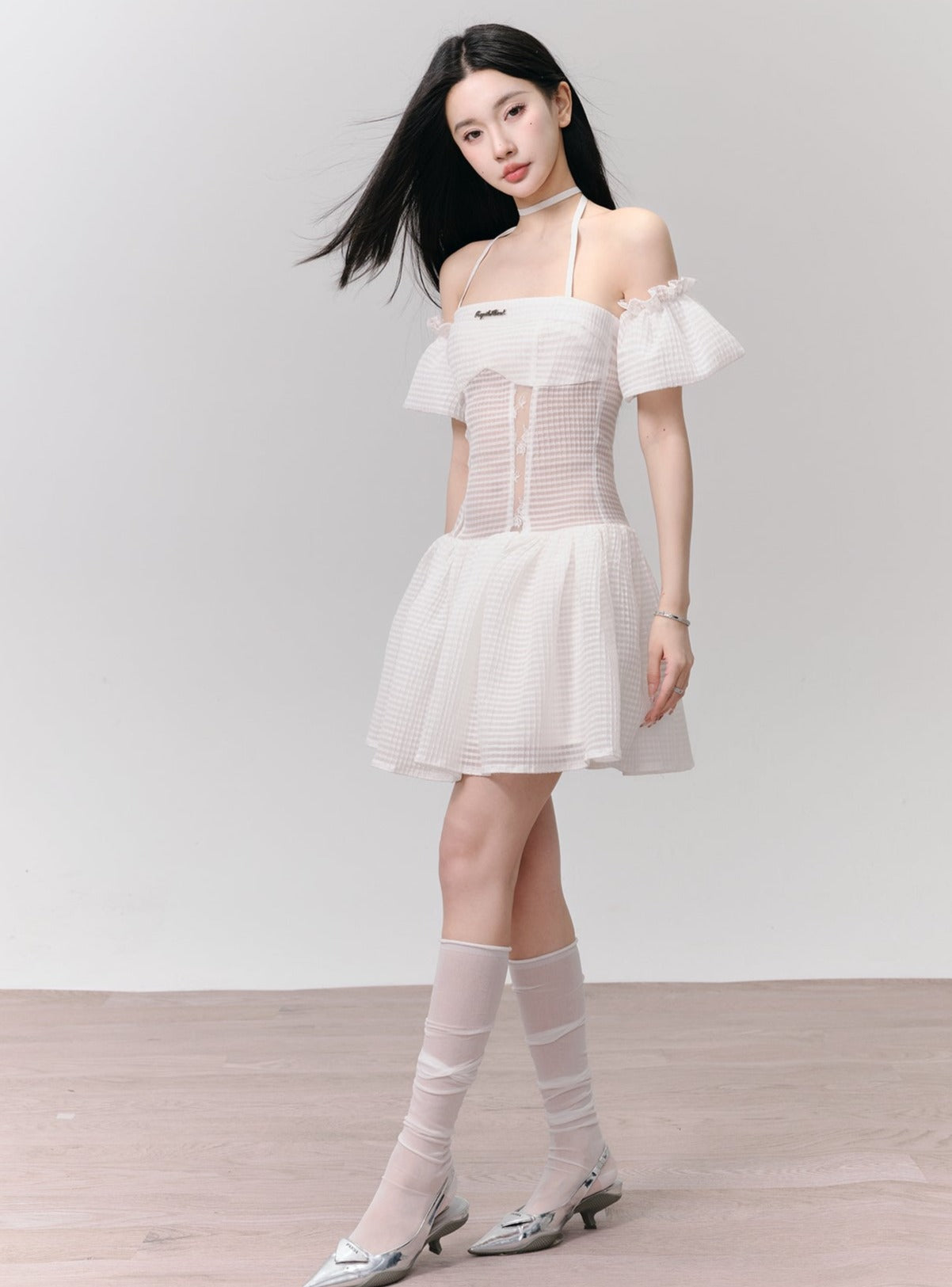 White Eyelet Lace Off-shoulder Mini Dress With Choker Neck Detail