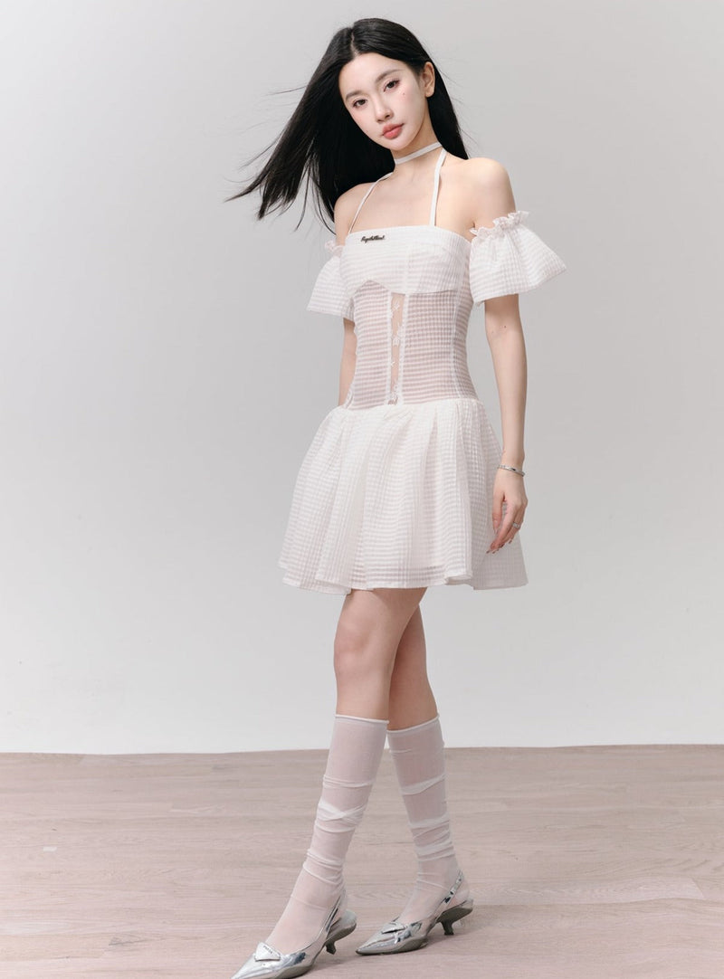 White Eyelet Lace Off-shoulder Mini Dress With Choker Neck Detail