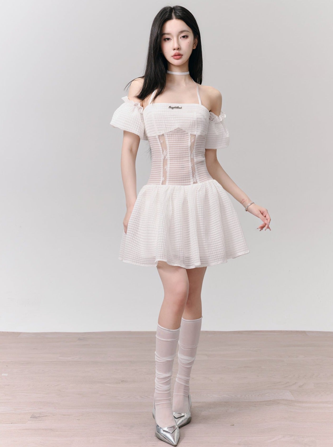 White Eyelet Lace Off-shoulder Mini Dress With Choker Neck Detail