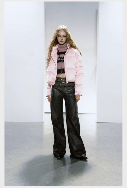 Strike a Pose Cropped Puffer Jacket - Pastel Quilted Down Coat With Zip Front and Ruched Pockets