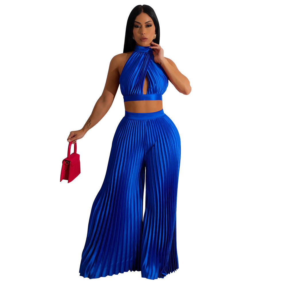 Clothing Halter Backless Artificial Silk Pleated Wide Leg Pants Two Piece Set