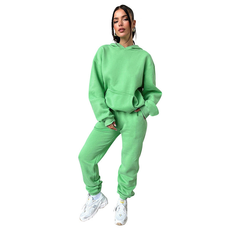 Autumn Winter Color Long Sleeve Hooded Fleece Lined Sweater Trousers Sets