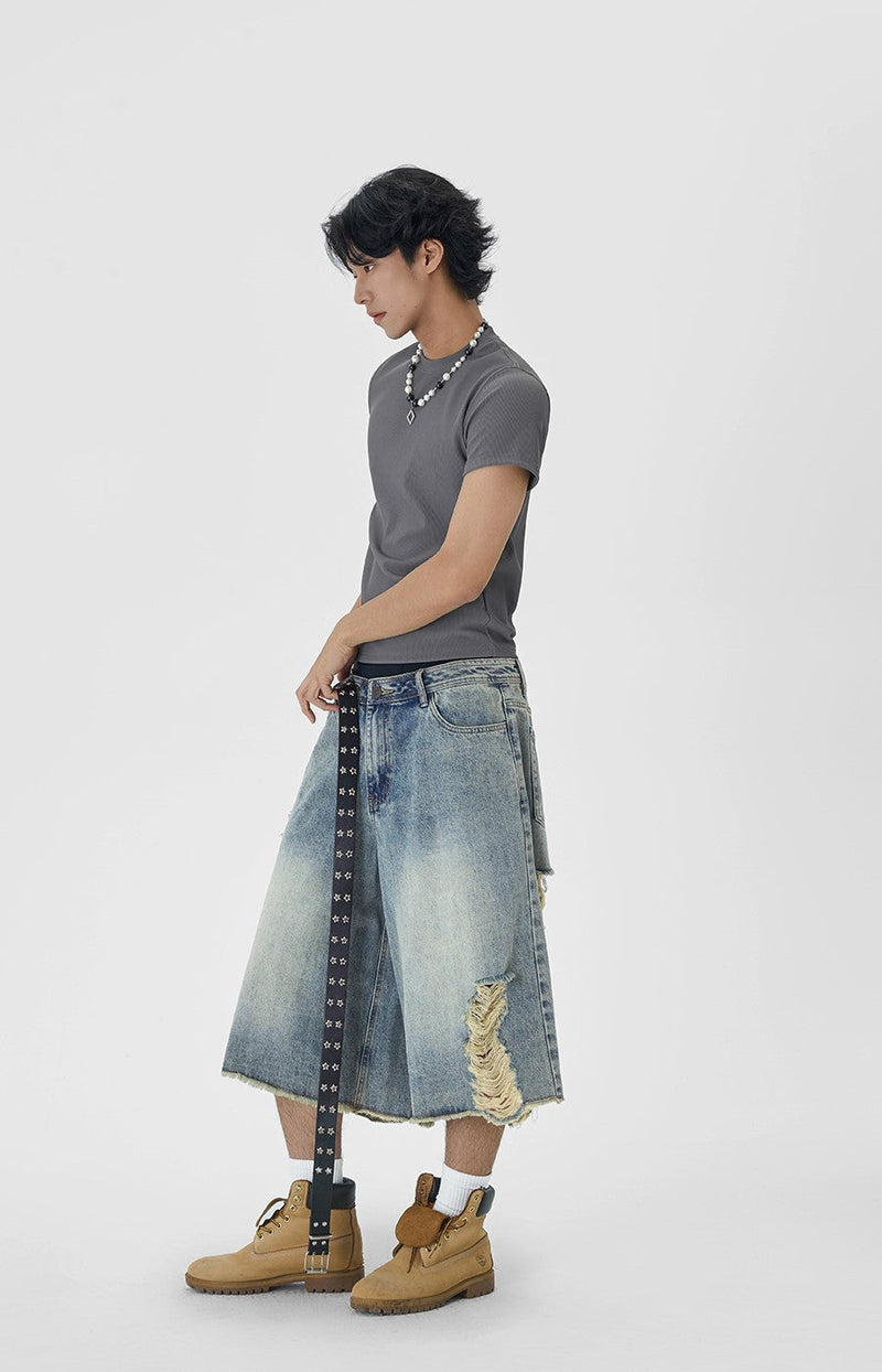 Distressed Wide Leg Denim Capri Cut Shorts