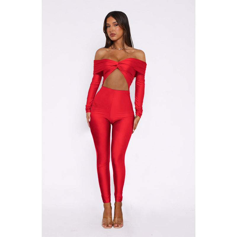 Clothing Collared Twist Hollow Out Cutout Cropped High Waist Long Sleeve Jumpsuit